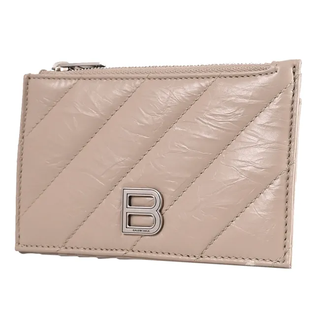 【Balenciaga 巴黎世家】品牌B字LOGO揉製牛皮信用卡證件名片零錢卡包(褐)