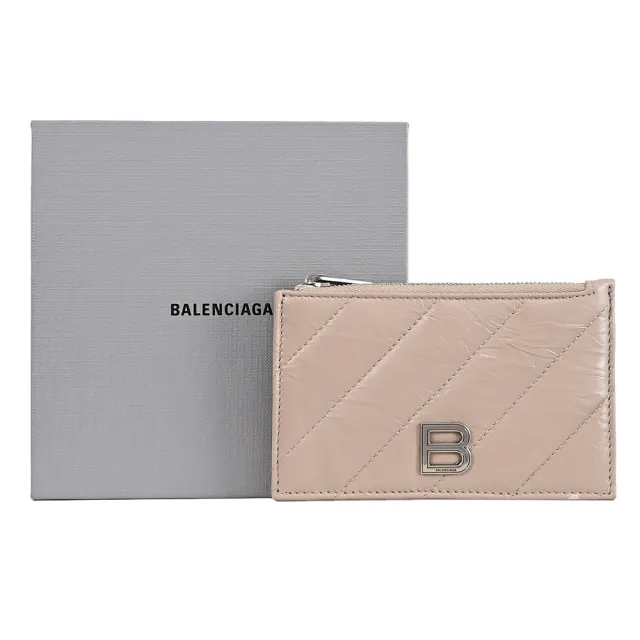【Balenciaga 巴黎世家】品牌B字LOGO揉製牛皮信用卡證件名片零錢卡包(褐)