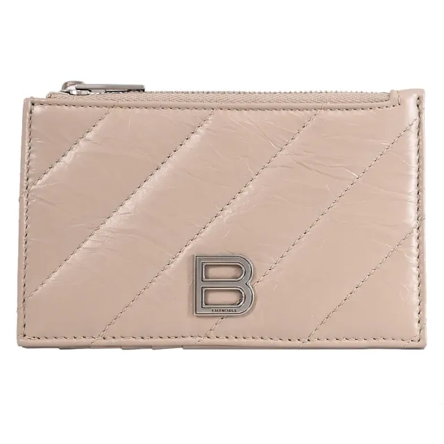 【Balenciaga 巴黎世家】品牌B字LOGO揉製牛皮信用卡證件名片零錢卡包(褐)