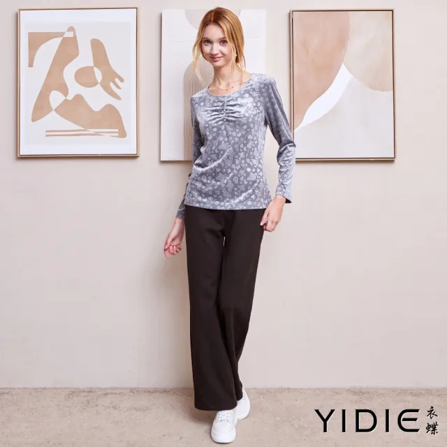 【YIDIE】光澤絨布珠釦花卉上衣-灰
