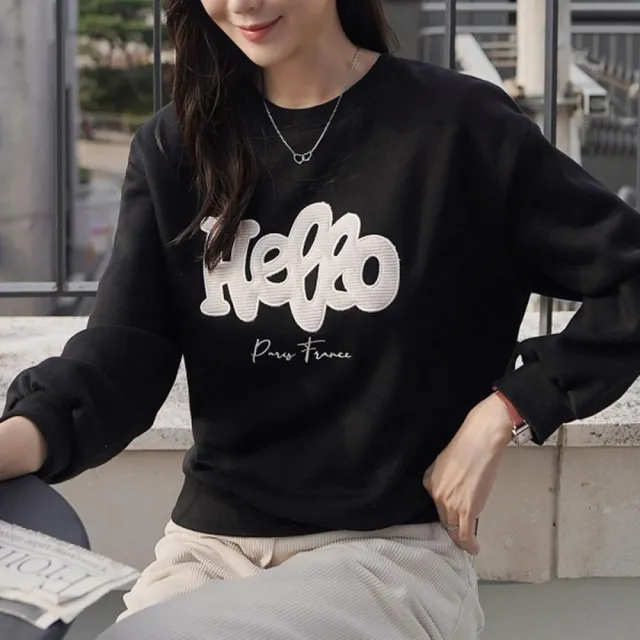 【baibeauty 白鳥麗子】可愛刺繡字母內刷絨圓領落肩長袖上衣(韓國製)