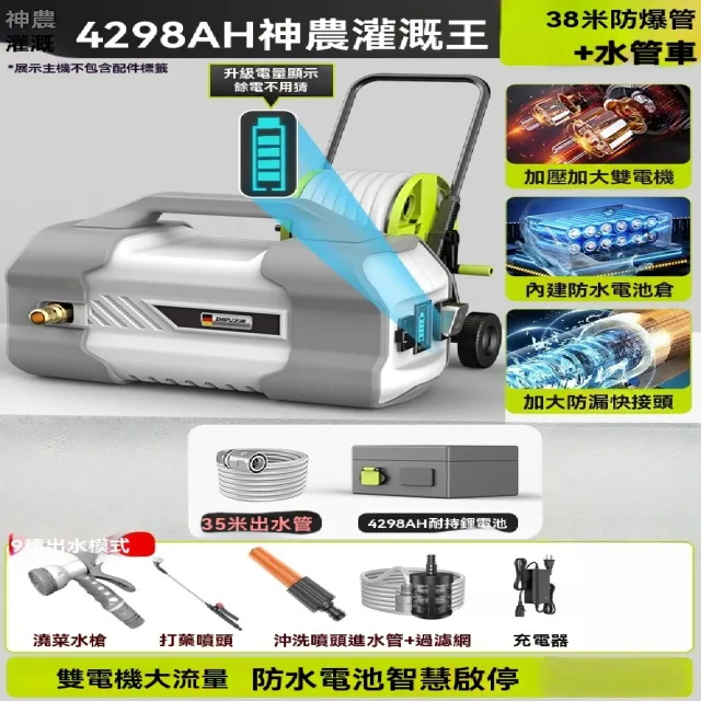 【艾嘉圖】農用灌溉充電式抽水泵 澆菜澆水機(家用澆地 戶外自動農村淋菜地 38米耐壓防爆管+水管車)