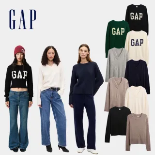 【GAP】女裝 Logo純棉刺繡圓領/V領長袖針織衫-多款任選(796841&791308&794775)