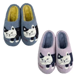 【Kusuguru Japan】日本眼鏡貓 拖鞋 相良刺繡絨毛保暖蓬軟觸感 橡膠止滑鞋底室內拖鞋 -Matilda-san款