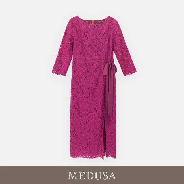 【MEDUSA 曼度莎】現貨-棗紅蕾絲繫帶收腰開衩長洋裝（M-XL）｜小禮服 媽媽禮服 蕾絲洋裝(701-70206)