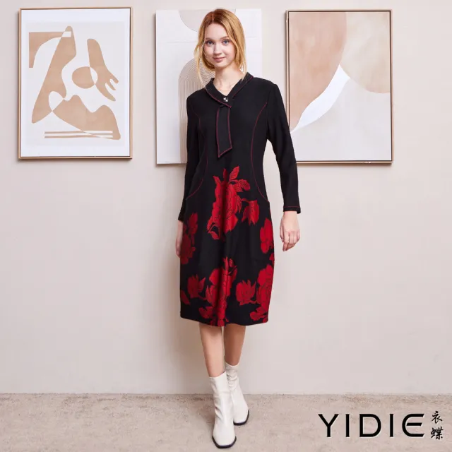 【YIDIE】造型領結玫瑰長洋裝-黑