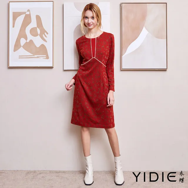 【YIDIE】金蔥花朵圖案長洋裝-桔紅