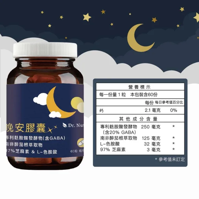 【Dr.Nutri 芯漾生醫】晚安膠囊｜60粒｜瓶裝(幫助入睡：GABA＋南非醉茄根＋97% 芝麻素＋L-色胺酸)