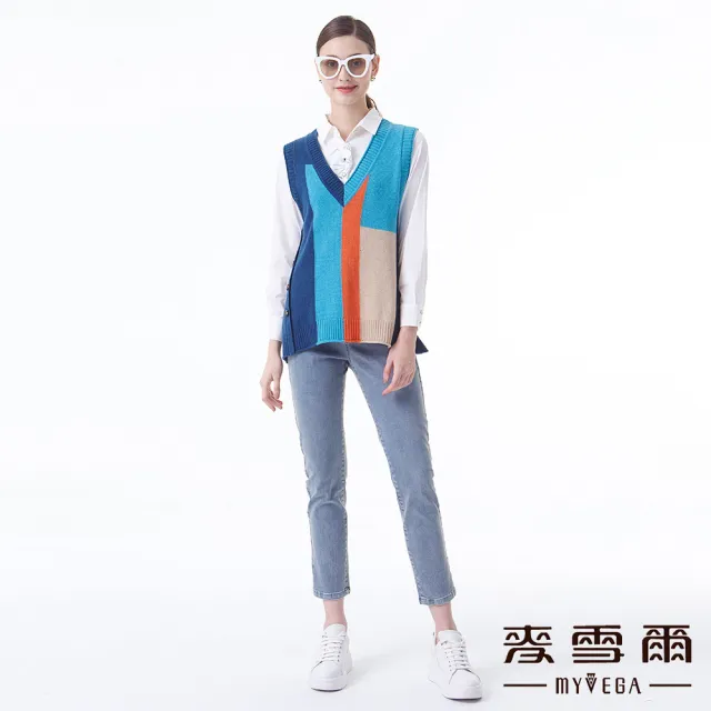 【MYVEGA 麥雪爾】羊毛配色測排釦保暖針織背心上衣-藍