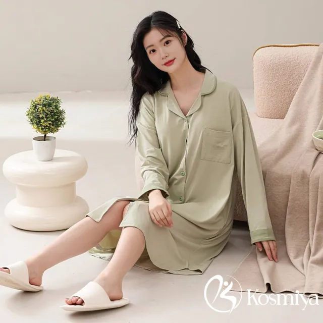 【Kosmiya】1套 帶胸墊 棉質浪漫刺繡長袖睡裙/女睡衣/保暖睡衣/孕婦睡衣/連身洋裝/洋裝(3色/均碼/加大碼)