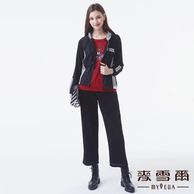 【MYVEGA 麥雪爾】撞色滾邊鏤空時尚女子圖案上衣-紅