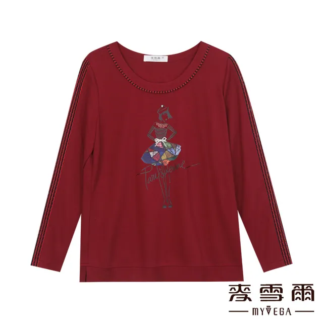 【MYVEGA 麥雪爾】撞色滾邊鏤空時尚女子圖案上衣-紅