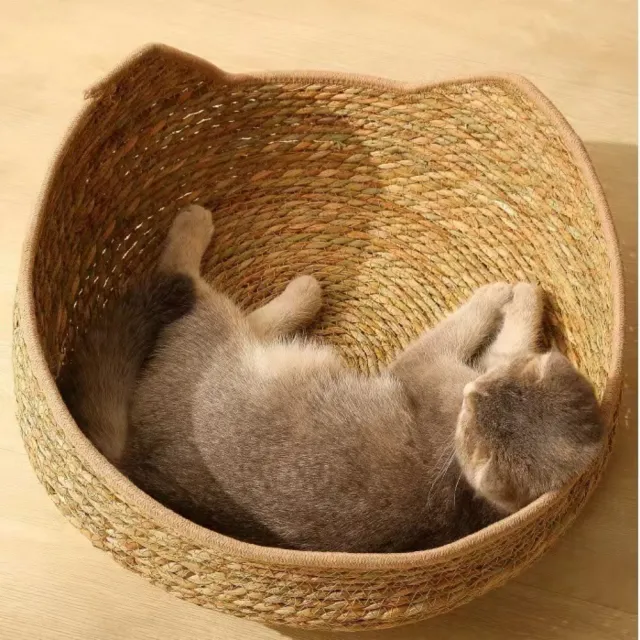 【艾嘉圖】草編寵物貓貓咪用品 寵物窩藤編可拆洗(手工貓窩四季通用貓抓板34*34*13CM)