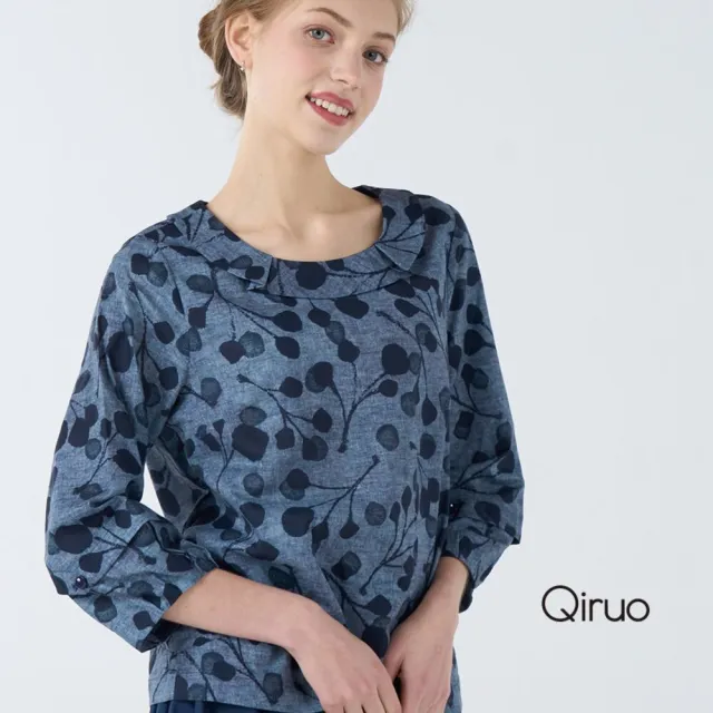 【Qiruo 奇若名品】棉質印花布料 大園荷葉領 長袖藍色造型上衣 6037A