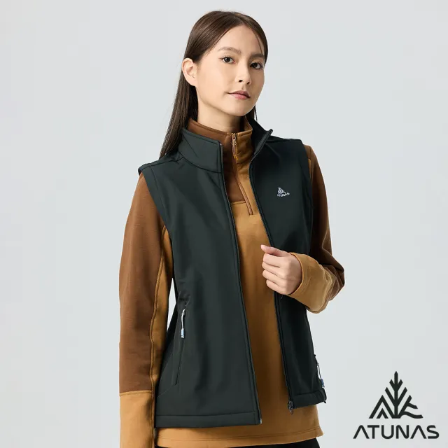 【ATUNAS 歐都納】女款SOFTSHELL內裡薄刷毛保暖防風背心(A6VE2502W黑/防潑水/洋蔥式穿搭/休閒旅遊)