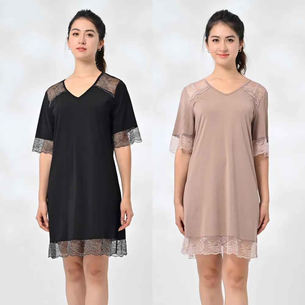 【御絹坊】拼接蕾絲石墨烯蠶絲睡衣洋裝