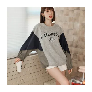 【OB 嚴選】異材質撞色飛鼠袖字母印花大學T 《AB20682》