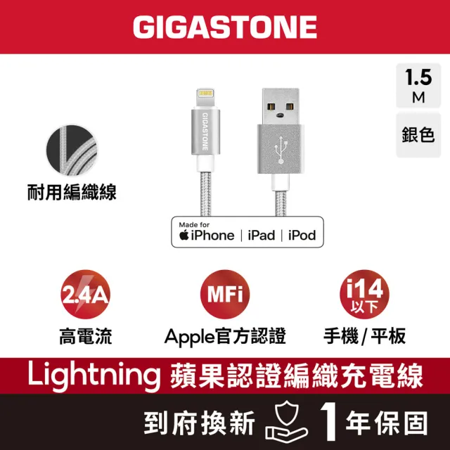 【Gigastone 立達國際】鋁合金Apple Lightning 1.5M編織傳輸充電線GC-3800S(MFi認證支援iPhone14/13)