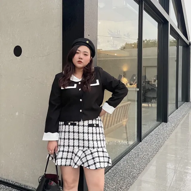 【Want-Meow】90公斤可質感韓系黑白撞色領外套小香風外套(大碼上衣/大碼/大尺碼/外套)