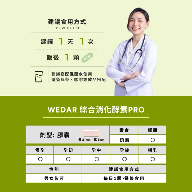 【Wedar 薇達】綜合消化酵素PRO 1盒(30顆/盒.美國大廠N.zimes19種消化酵素.頂級益生菌)
