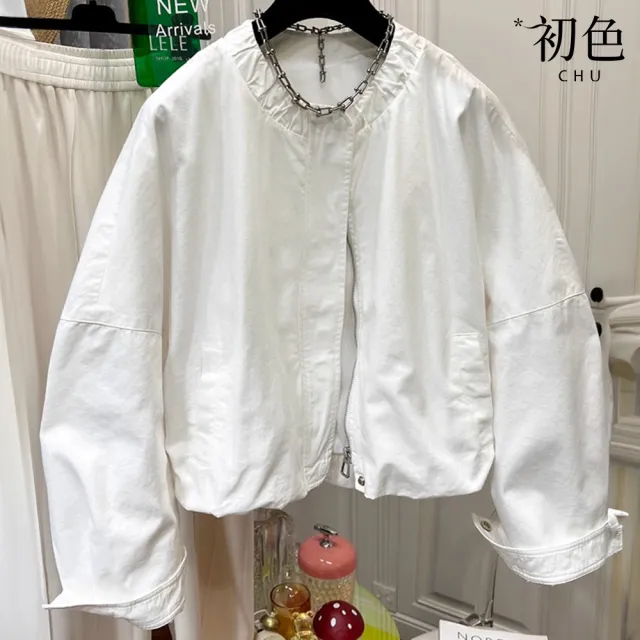 【初色】韓版純色褶皺圓領薄款飛行短版拉鍊長袖夾克外套女外套-共色-16437(M-2XL可選)