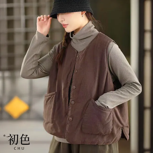 【初色】文藝復古風純色圓領無袖單排扣雙口袋加厚款馬甲背心女背心-共2色-16425(L-2XL可選)