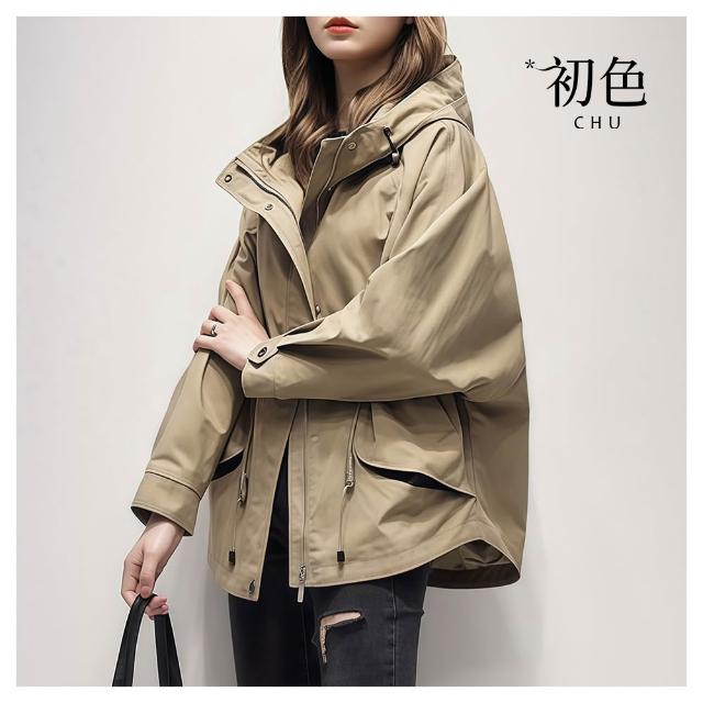 【初色】韓版率性短款寬鬆純色連帽長袖工裝風衣外套女外套-共2色-16376(M-2XL可選)