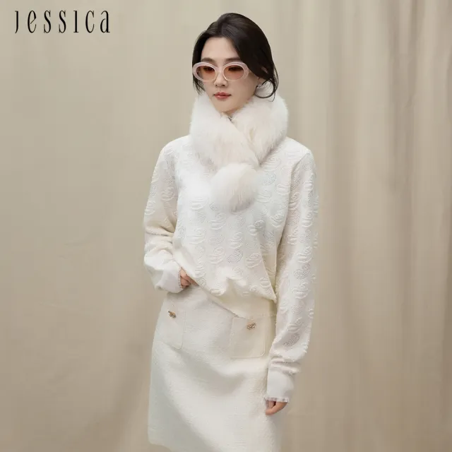 【JESSICA】小香風立體提花拼接網紗邊圓領針織衫J54503（灰/白/黃）