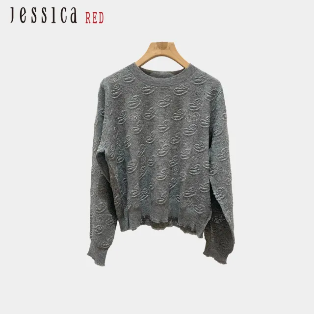 【JESSICA】小香風立體提花拼接網紗邊圓領針織衫J54503（灰/白/黃）