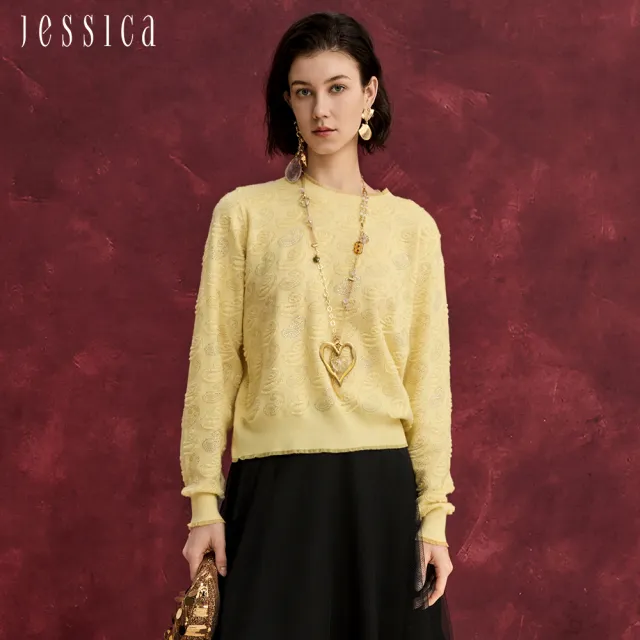 【JESSICA】小香風立體提花拼接網紗邊圓領針織衫J54503(灰/白/黃)