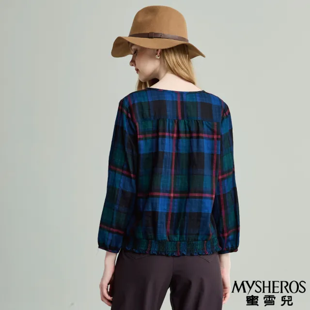 【MYSHEROS 蜜雪兒】純棉造型上衣 復古撞色格紋 釦飾領雙口袋(藍)
