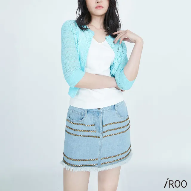 【iROO】鉚釘抽鬚流行牛仔短裙