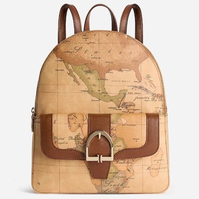 【Alviero Martini】義大利地圖包 皮革釦環裝飾 拉鍊雙層後背包30cm-地圖黃x咖啡色(後背包 皮質)