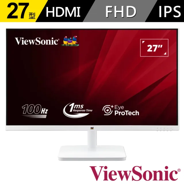 2入組★【ViewSonic 優派】VA2732-H-W-2 27型 IPS FHD 100Hz 商用護眼窄邊框白色螢幕(護眼技術/1ms)
