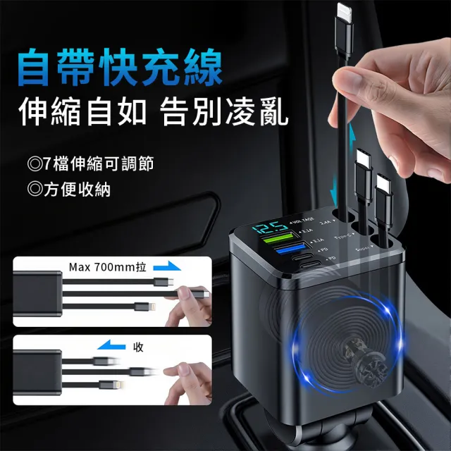 【KEYIE】M14 多功能數顯車載充電器 七合一車用充電器 車用快充(TYPE-C+Lighting)