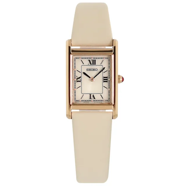 【SEIKO 精工】太陽能 復古方形 羅馬刻度 日本機芯 真皮手錶 象牙白x玫瑰金框 18mm(STPR076)