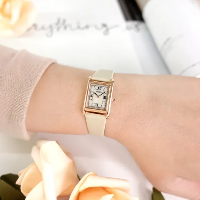 【SEIKO 精工】太陽能 復古方形 羅馬刻度 日本機芯 真皮手錶 象牙白x玫瑰金框 18mm(STPR076)