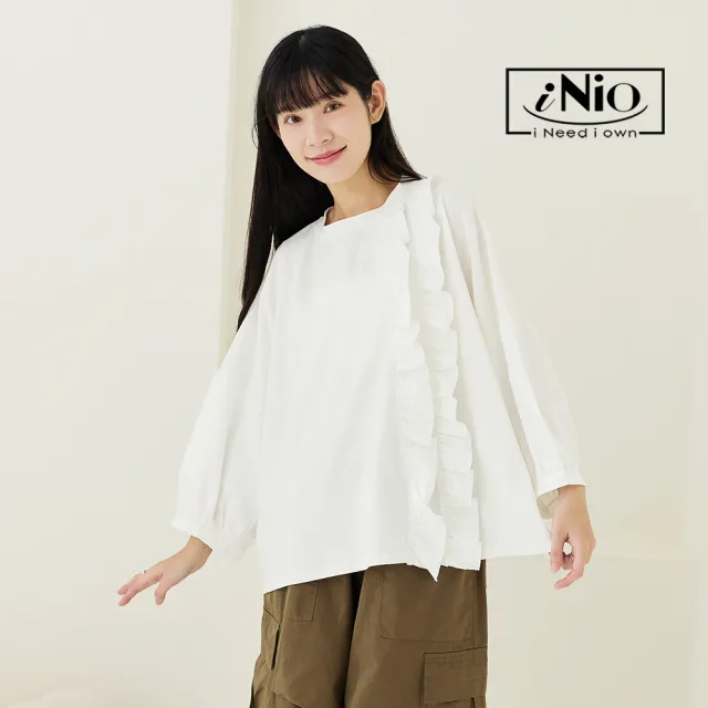 【iNio 衣著美學】舒適顯瘦寬版上衣 荷葉裝飾拼接 寬鬆剪裁長袖棉T(CEW1803)