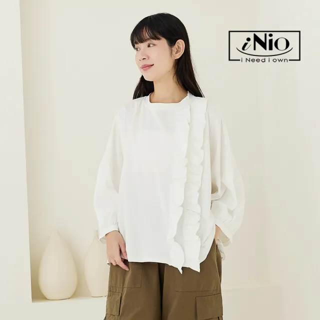 【iNio 衣著美學】舒適顯瘦寬版上衣 荷葉裝飾拼接 寬鬆剪裁長袖棉T(CEW1803)