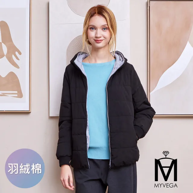 【MYVEGA 麥雪爾】MA撞色內裡橫紋連帽科技棉外套-黑