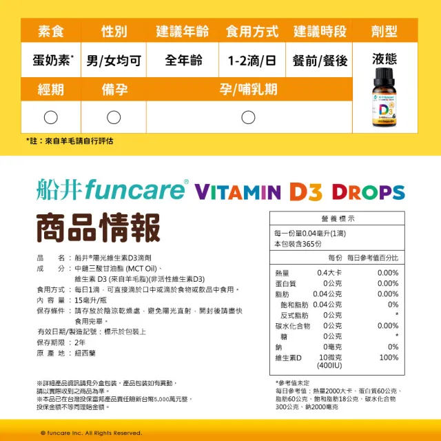 【funcare 船井生醫】陽光維生素D3滴劑x4瓶(15ml/瓶;紐西蘭原裝進口)
