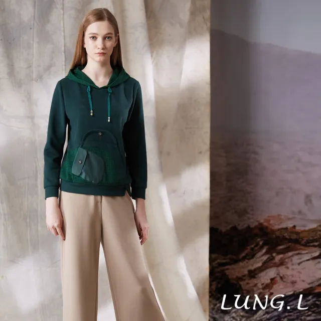 【LUNG.L 林佳樺】LU14A 綠色異素材拼接造型口袋長袖連帽女裝上衣(秋冬新品)