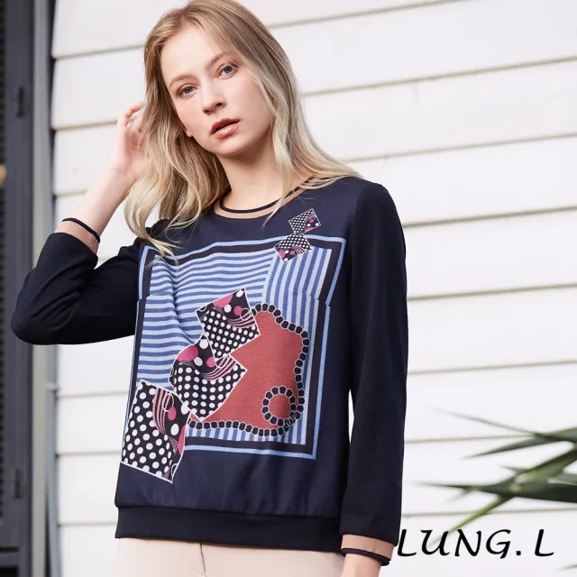 【LUNG.L 林佳樺】LT37A 藍色前片拼接幾何印花長袖女裝上衣(秋冬新品 加大尺碼)