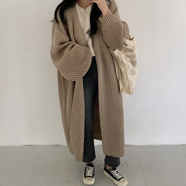 【D.studio】韓版寬鬆長版外套(毛衣針織上衣冬天女裝衣服保暖外套 保暖上衣冬天外套長袖上衣大衣J291)