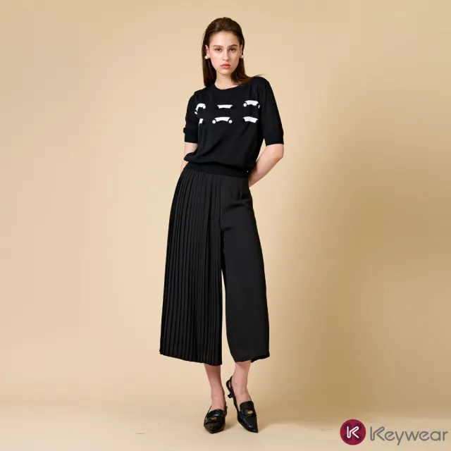 【KeyWear 奇威名品】時尚百褶拼接造型寬褲
