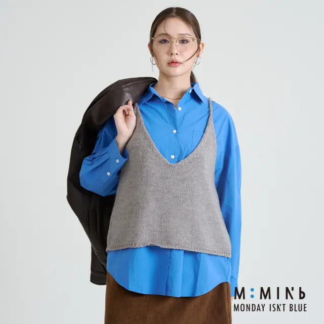 【M:MINb】兩穿羊毛細肩帶綁帶背心(灰色/中大尺碼女裝/大尺碼女裝/XL女裝/上衣/大尺碼上衣/背心)