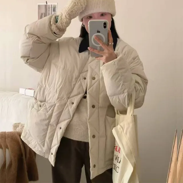 【巴黎精品】頂級真羽絨外套90%鴨絨羽絨衣秋冬外套上衣大碼休閒女裝(翻領減齡學生感4色n1lr33)