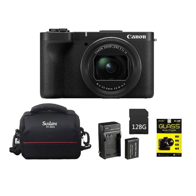【Canon】PowerShot V1+128G記憶卡+鋼化貼+ZY-2614相機包+LP-E17 副電+座充組(公司貨)