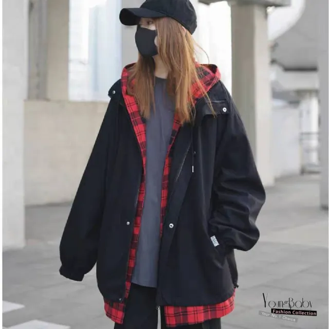 【YOUNGBABY】日系黑紅撞色格紋連帽衝鋒外套 中大尺碼女裝