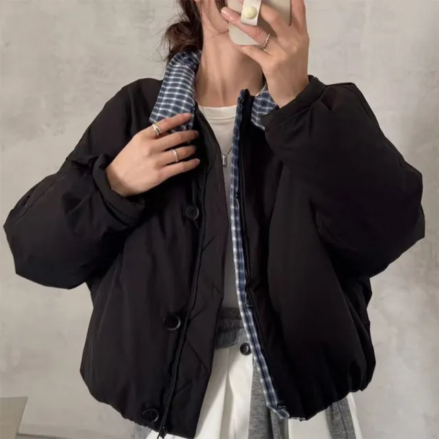【巴黎精品】頂級真羽絨外套90%鴨絨羽絨衣秋冬外套上衣大碼休閒女裝(立領韓版格子撞色3色n1lr69)